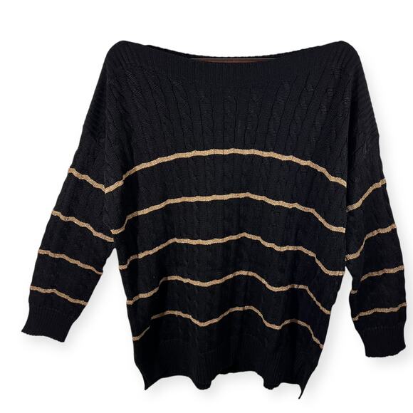 Lauren Ralph Lauren Metallic Stripe Cable Knit Sweater 2X Black Boatneck NWT - Picture 3 of 10